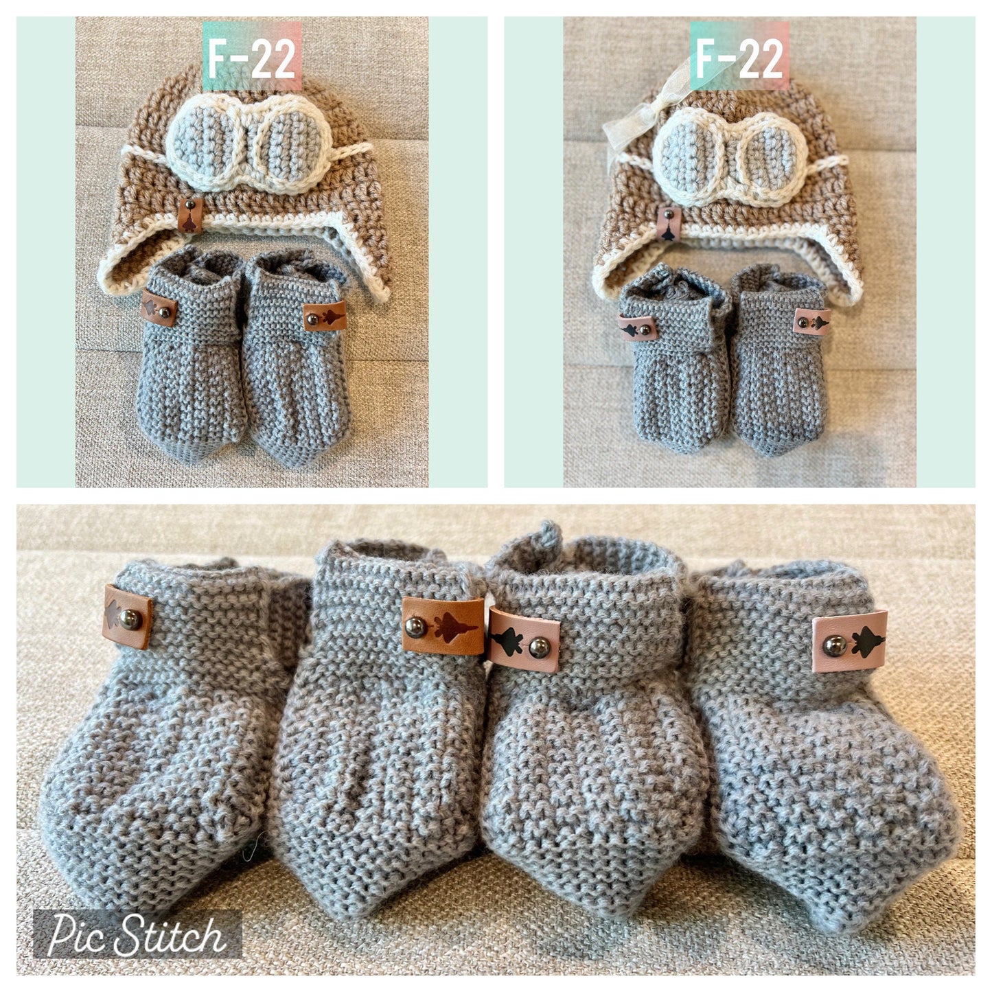 Crocheted Pilot/Aviator Cap/Hat & Infant Bootie Set w/ Jet tag of choice (offered in A-10, F-15, F-16, F-18, F-22 or F-35)