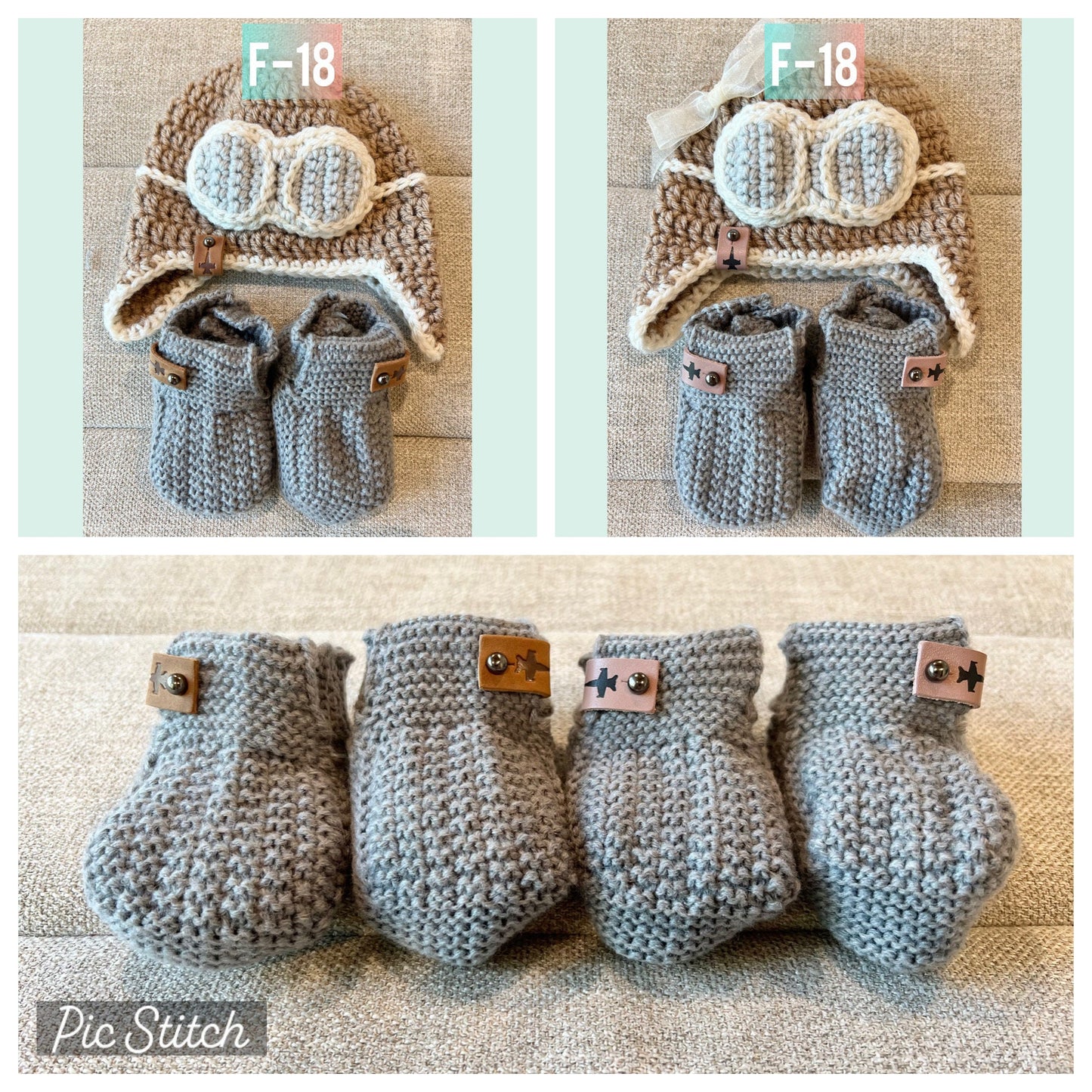 Crocheted Pilot/Aviator Cap/Hat & Infant Bootie Set w/ Jet tag of choice (offered in A-10, F-15, F-16, F-18, F-22 or F-35)