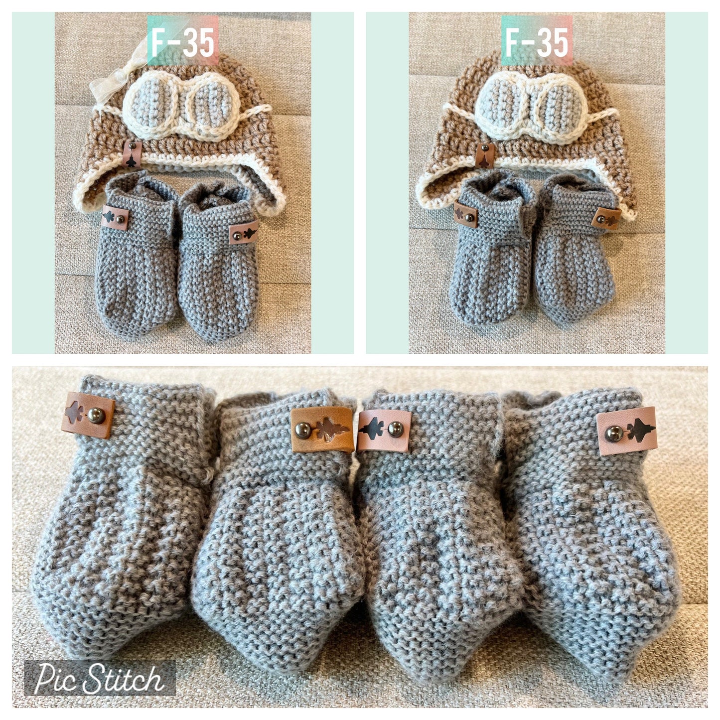 Crocheted Pilot/Aviator Cap/Hat & Infant Bootie Set w/ Jet tag of choice (offered in A-10, F-15, F-16, F-18, F-22 or F-35)